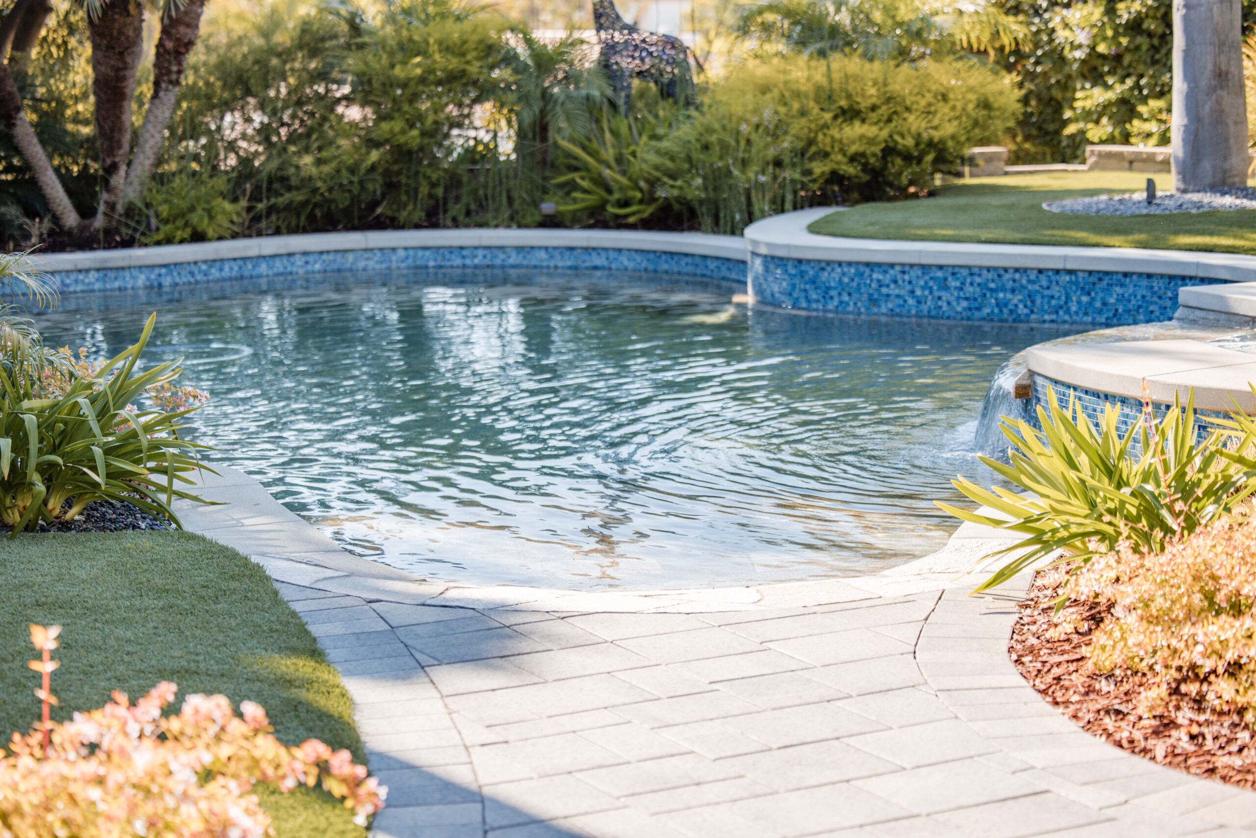 Swimming Pool 3 Beach entry swimming pool with shallow lounging area, natural stone paving, and tropical landscaping in a custom backyard design.