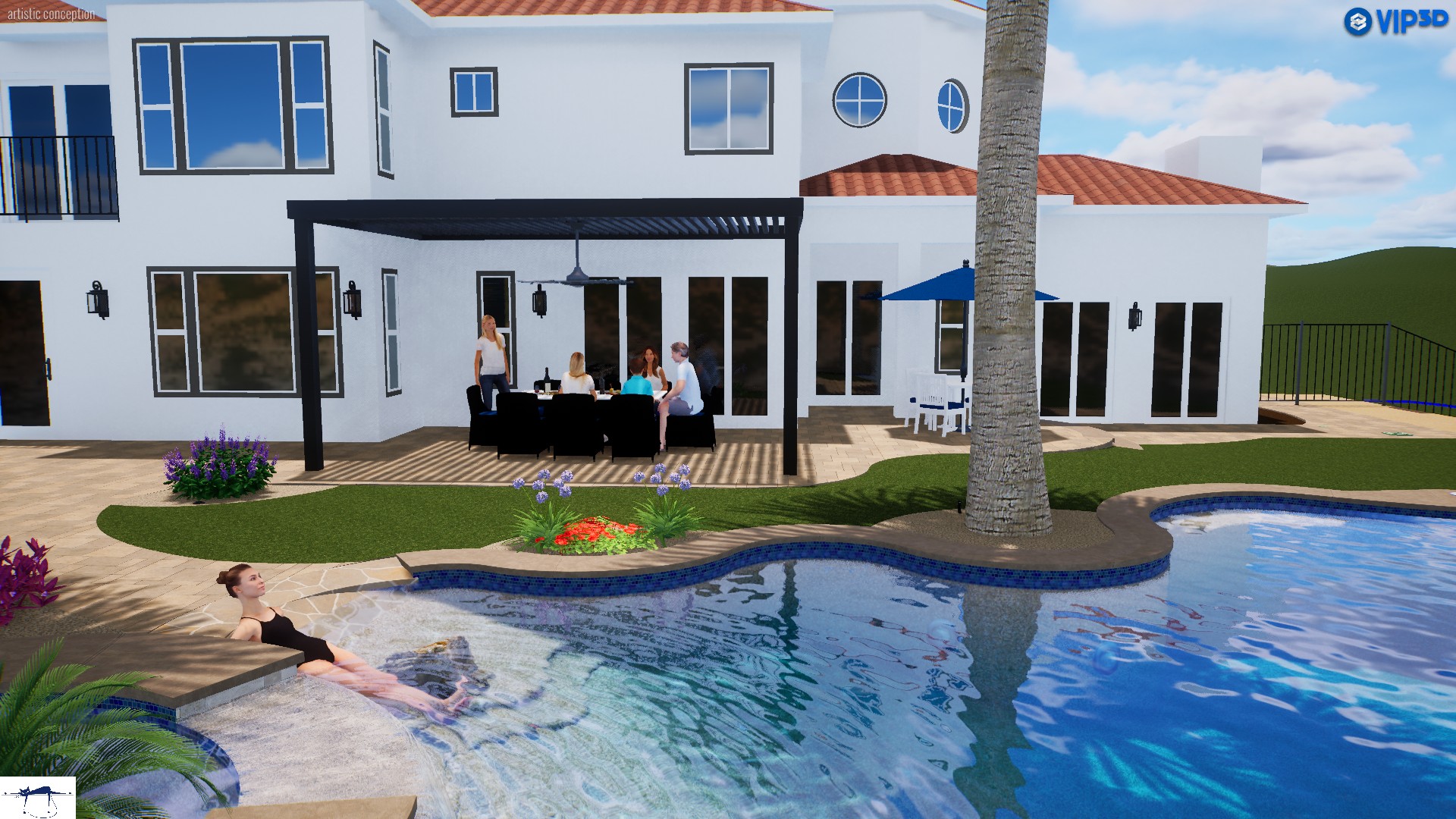 Custom Pool and Outdoor Living Design Rendering 3D rendering of a custom backyard pool design featuring a beach entry, spa, modern pergola, outdoor dining area, and landscaped outdoor living space.