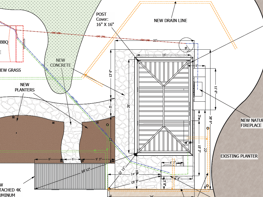 Design 1 Site Plan including a cabana, grass lawn, pathways, electrical routes and gas line layout.