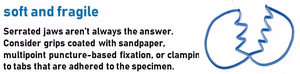Grips coated with sandpaper, multipoint puncture-based fixation, or clamping to tabs that are adhered to the specimen