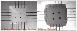 Side-by-side grayscale photos of square soft samples mounted on biaxial rakes: a Stratasys TissueMatrix specimen and a silicone elastomer specimen, each with four dots in the center for optical strain tracking.