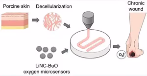 Oxygen-sensing 3D printed skin graft workflow using porcine skin extracellular matrix bioink (psECM) and embedded oxygen microsensors for chronic wound oxygen monitoring.