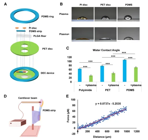 Schematic of a dual excitation-contraction chip that interfaces with an MEA and uses a flexible PDMS strip for contractility readout, including a forceโdisplacement calibration plot.