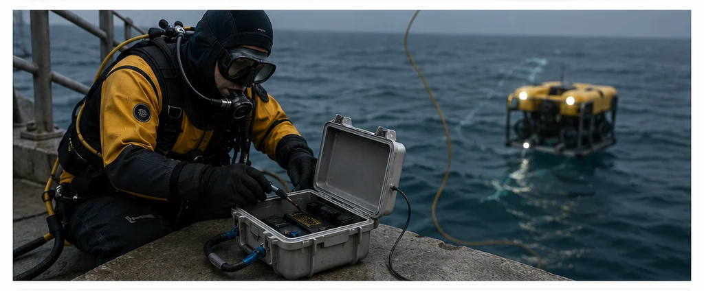professional in protective uniform and mask sitting with silver case on concrete shelter - the last mission