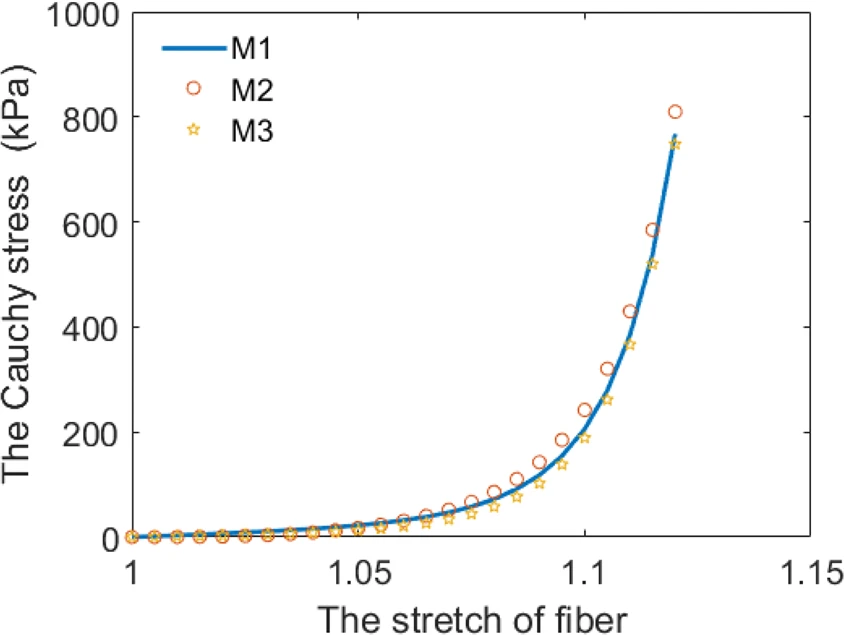 The stretch-stress relationships for the anterior leaflet along fiber direction.