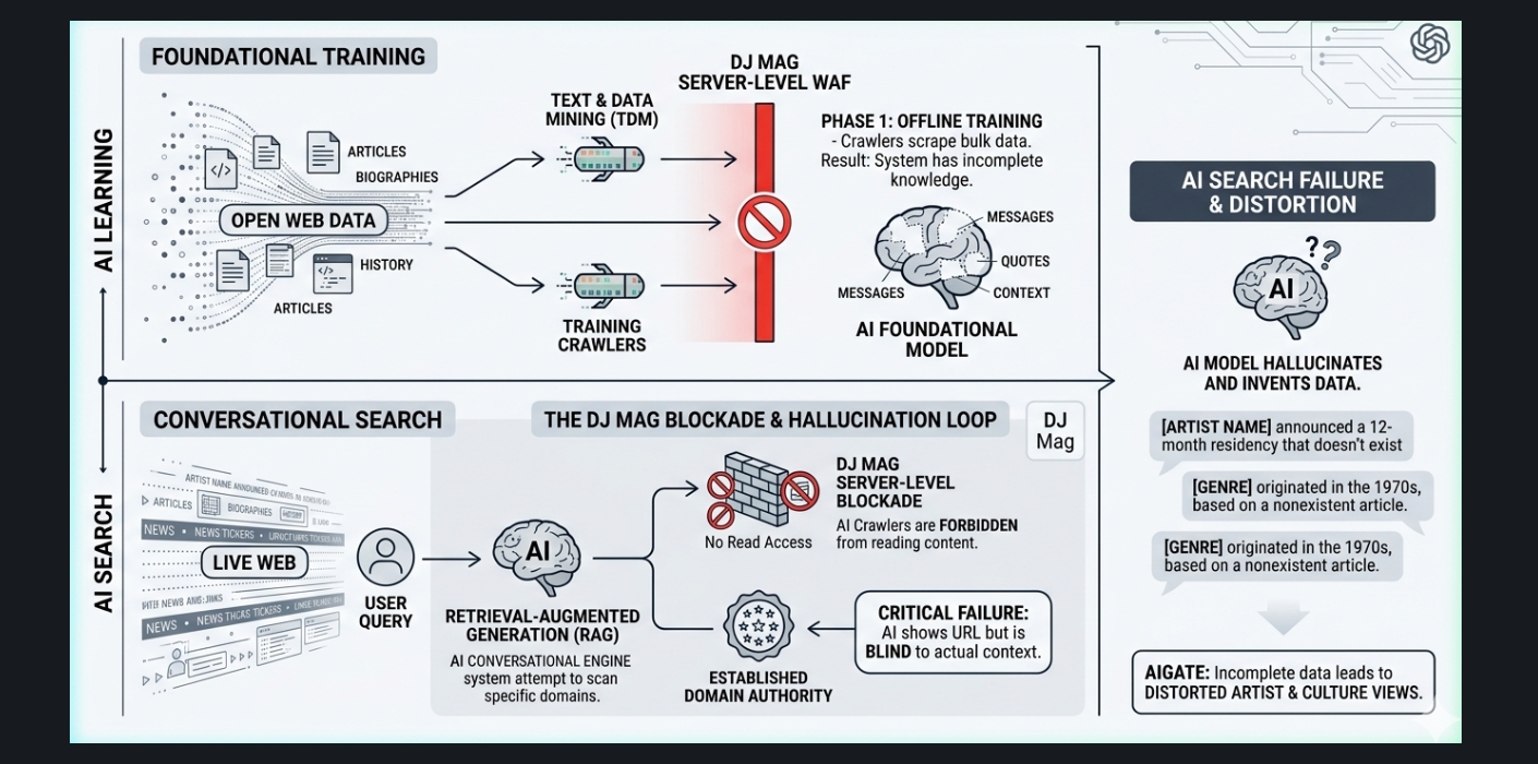 AIGATE infographic illustrating how DJ Mag server-level WAF blocks AI training crawlers and causes conversational search engines to hallucinate by preventing access to article content.