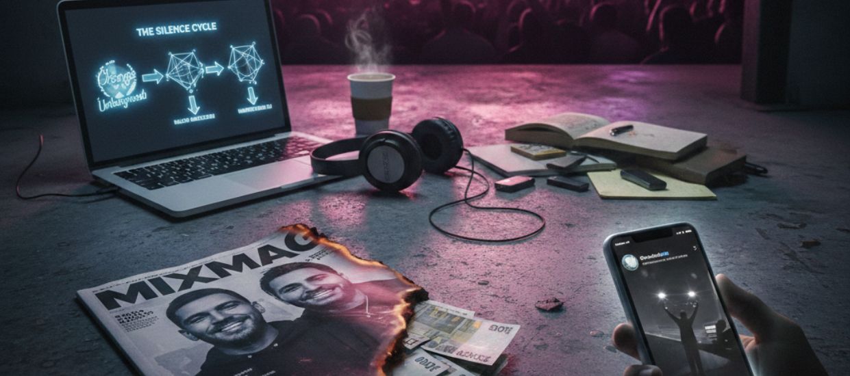 Infographic titled The Cycle of Silence illustrating the financial flow in the dance music industry between high-fee DJs, PR agencies like Jukebox, and major publications like Mixmag, exposing the lack of independent journalism