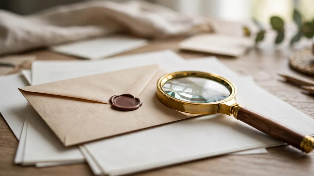 Close-up of a letter and magnifying glass over debt paperwork on a home-office desk, no text