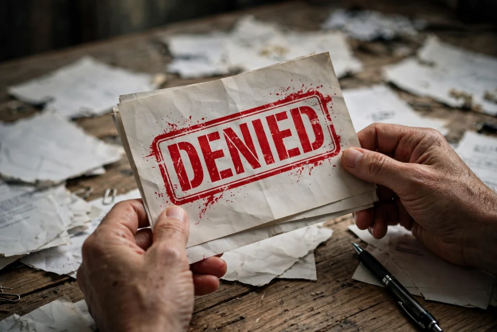 Insurance claim documents stamped denied