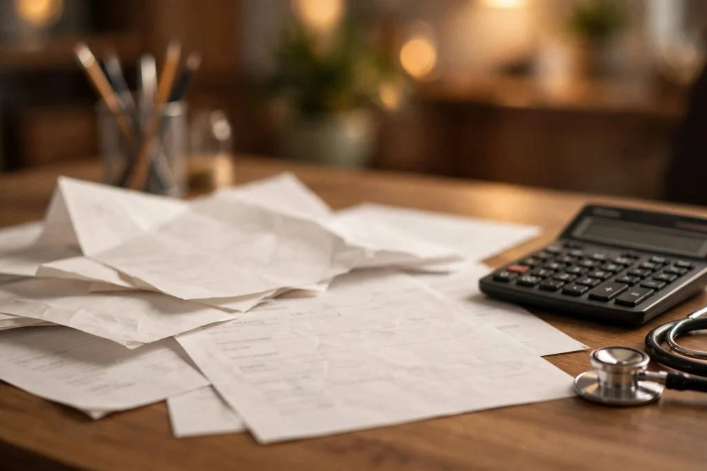 Medical bills with calculator and stethoscope on desk