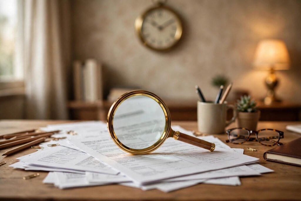 Insurance claim documents and a magnifying glass beside a clock, representing insurance claim settlement deadlines