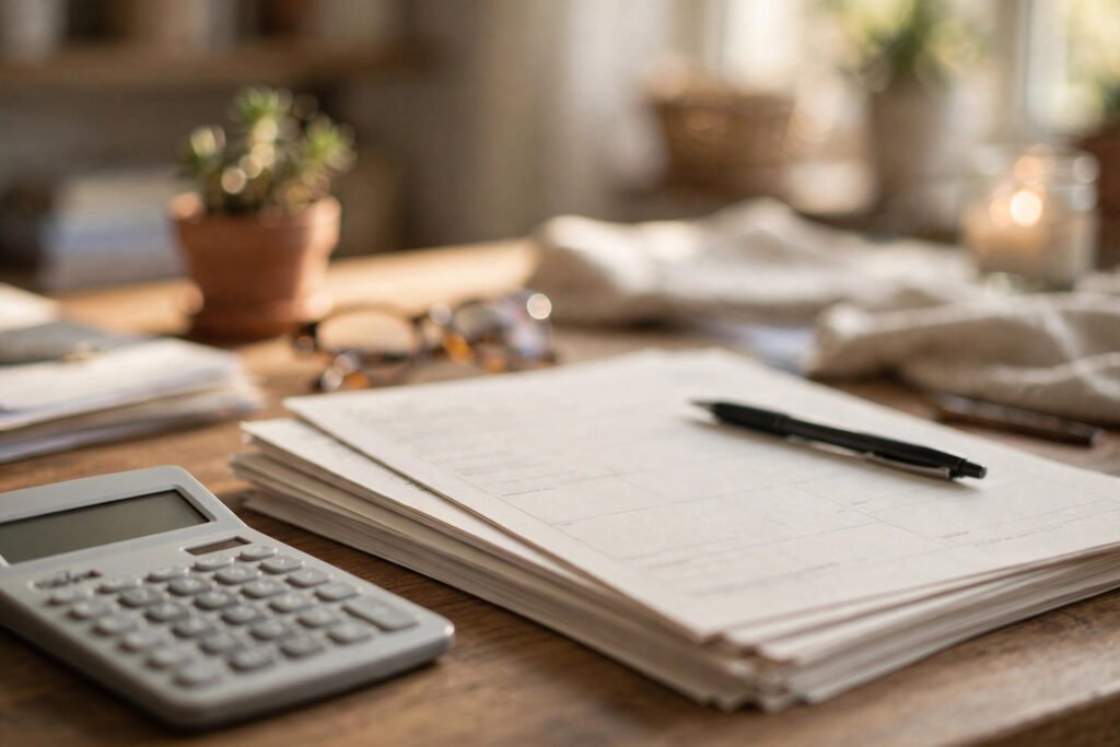 Tax documents including IRS paperwork and a calculator on a desk, illustrating taxes owed on forgiven debt after a settlement