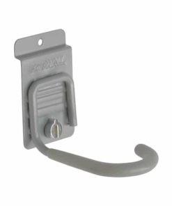 A gray metal wall hook with a rectangular mounting plate and a curved arm, designed for hanging items. Closet Concepts of Grand Rapids