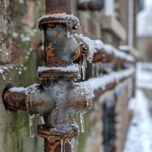 Winterize Home Plumbing: Best Tips & Guide 1 Closeup of a frozen rusty pipe with icicles