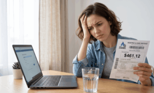 How to Detect a Water Leak in Your Knoxville Home: Expert Guide from Chaffee Plumbing 2 Stressed homeowner sitting at a laptop holding an expensive water bill, representing the high financial cost of undetected plumbing leaks.