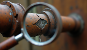 How to Detect a Water Leak in Your Knoxville Home: Expert Guide from Chaffee Plumbing 1 Close-up view through a magnifying glass showing a rusty, cracked plumbing pipe leaking water, highlighting the importance of professional leak detection.