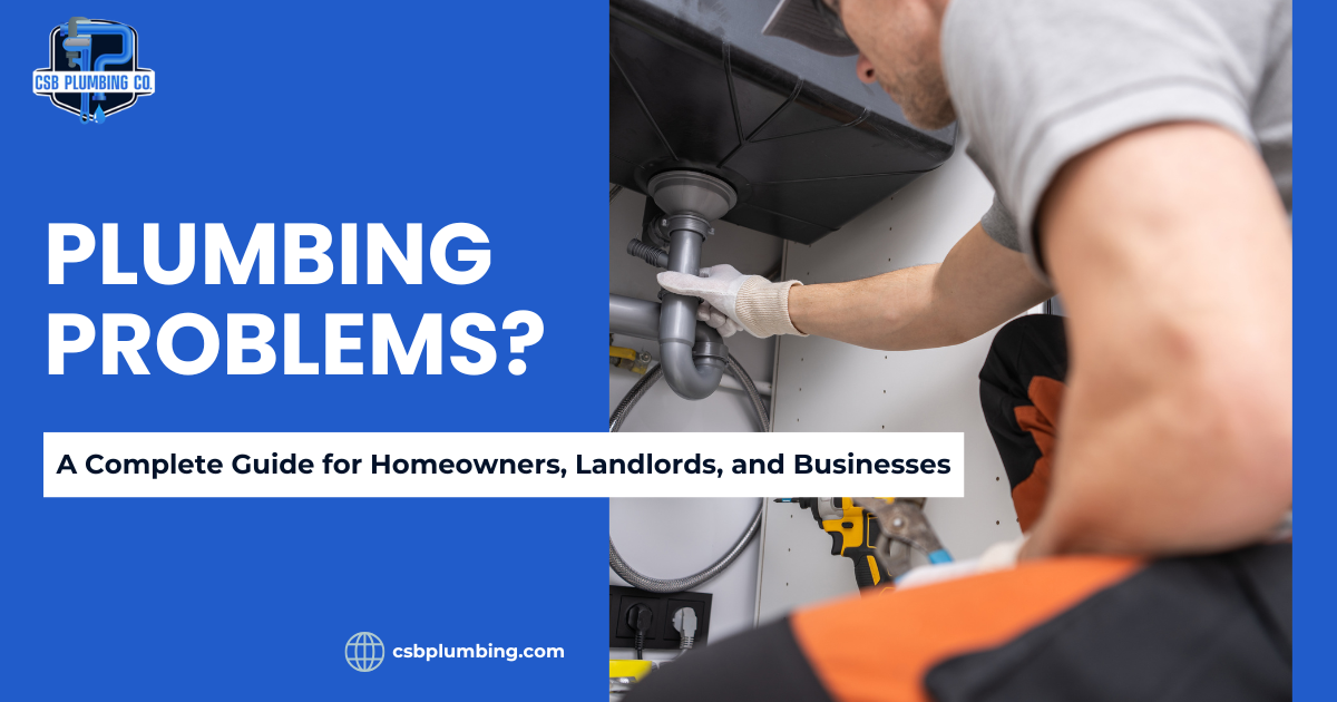 Plumber working on a pluming repair in Lowell, MA. Image containing the title: Plumbing Problems in Lowell, MA Complete Guide for Homeowners, Landlords, and Businesses.