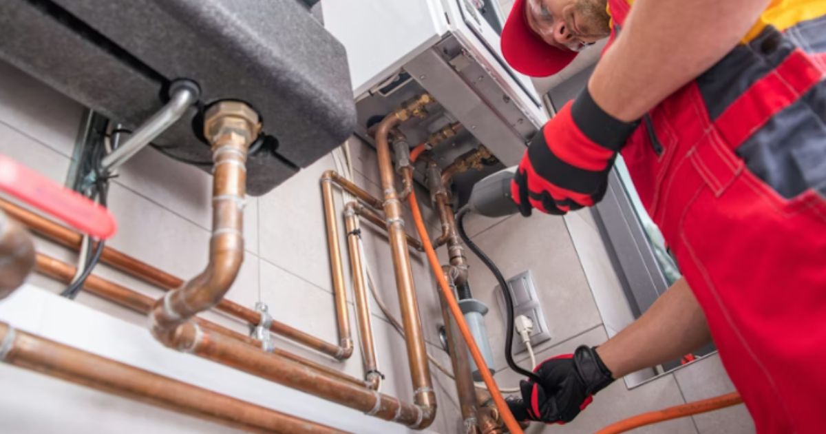 professional gas heating technician with natural gas detector device in his hands looking for potential leaks inside the heating furnace system.