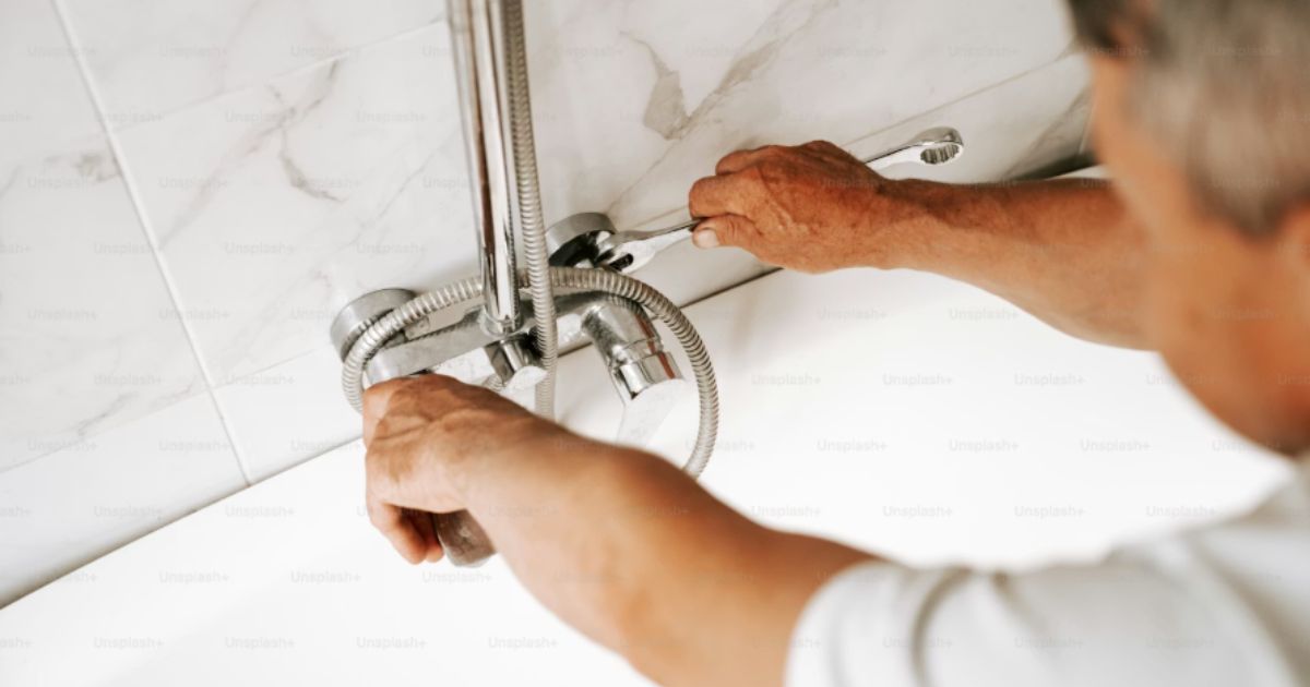 a plumber is working on a shower head.