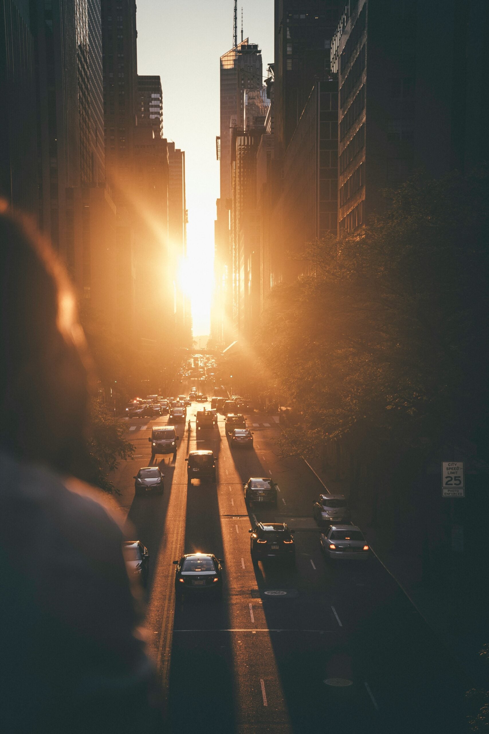 Cars drive down a city street at sunset, with skyscrapers on both sides, some enhanced by a Building Automation System, and sunlight streaming through the buildings.