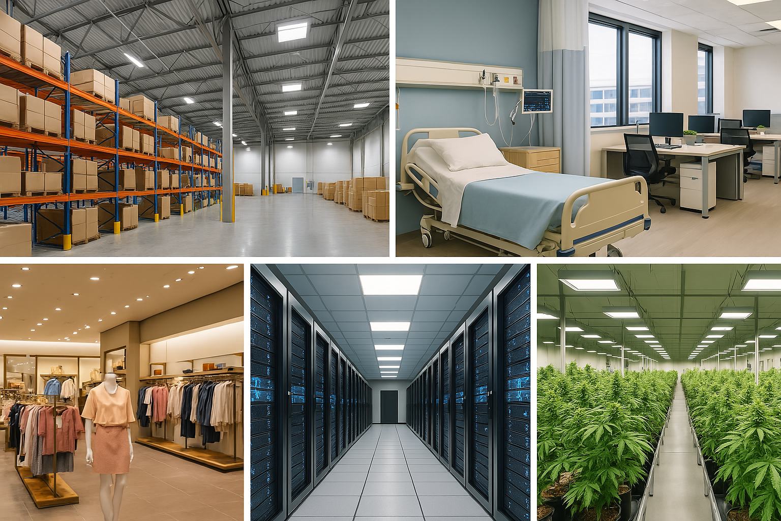A collage of five scenes: warehouse shelves, a hospital room, an office, a clothing store, a data center, and a greenhouse with plants.