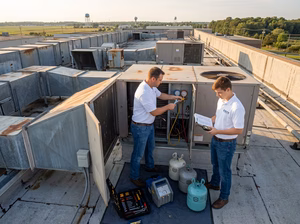 Two technicians in white shirts inspect and service rooftop HVAC units with tools, gauges, and 2026 refrigerants, retrofitting older plants for improved efficiency—an essential upgrade for South Jersey facilities.