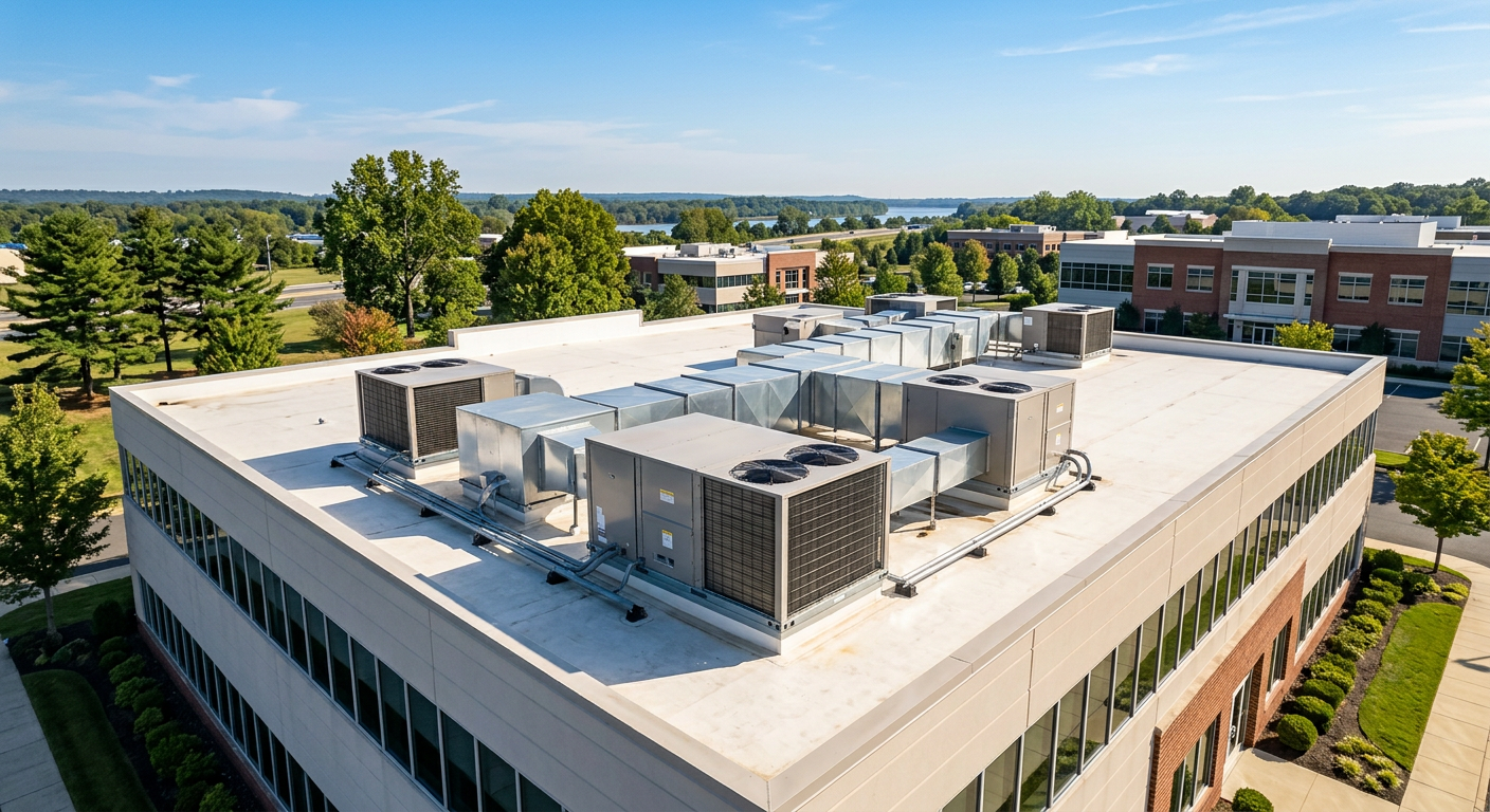 Aerial view of a commercial building rooftop with multiple HVAC units, engineered to stop corrosion—an ideal solution for South Jersey businesses, surrounded by trees and other office buildings on a clear day.