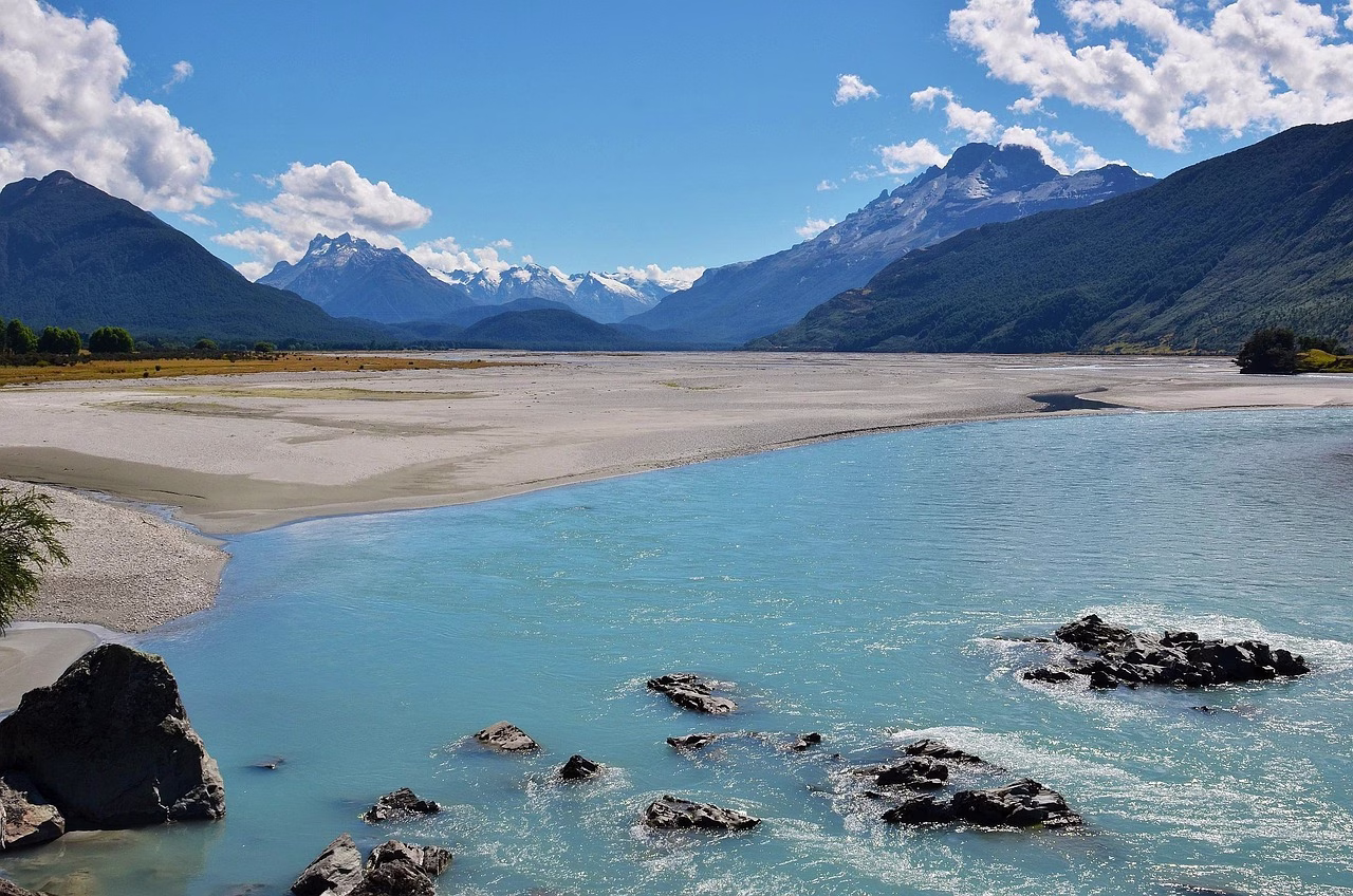 A braided river below mountains near Glenorchy
