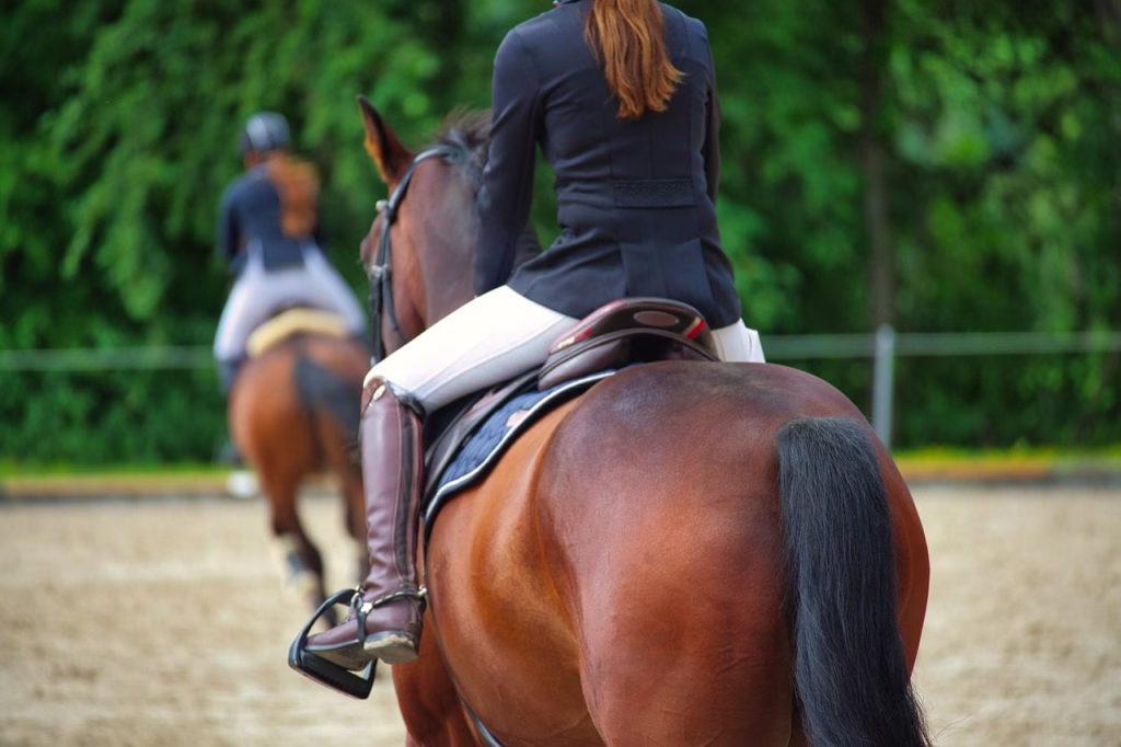 A rider in jodhpurs and long boots on a bay horse in an English saddle, riding behind another rider in a sand arena