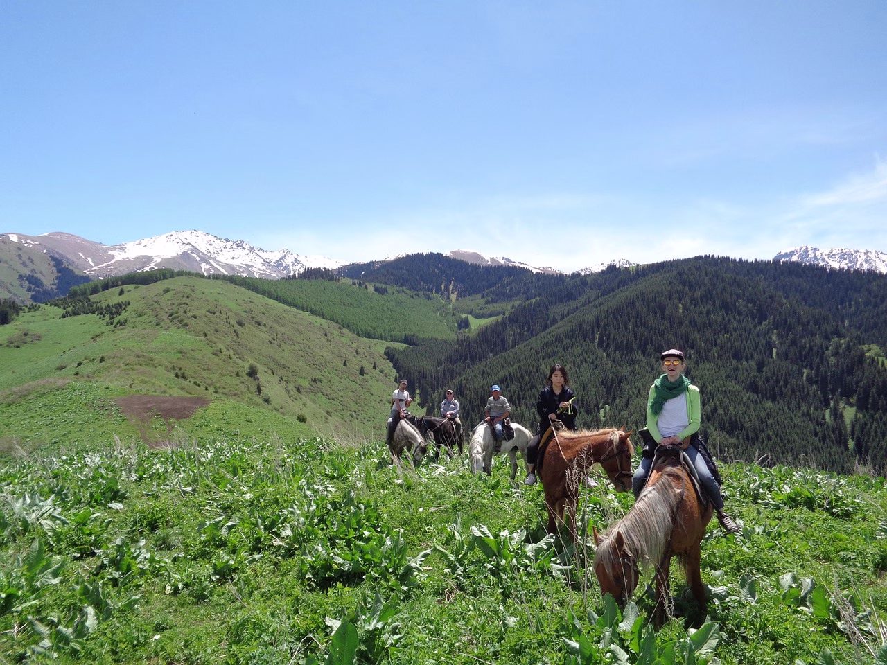 Riders on horseback in a green valley in Kyrgyzstan