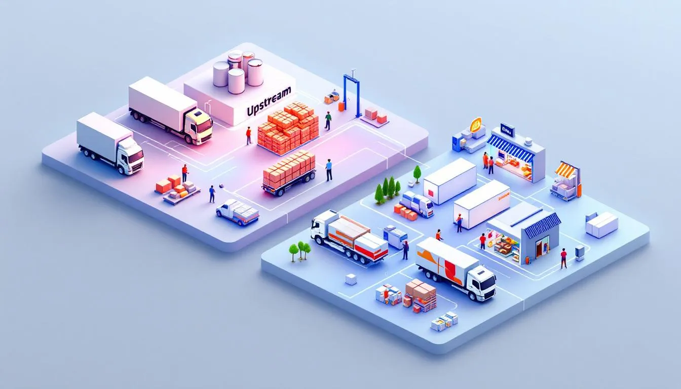 The image illustrates the concept of upstream and downstream supply chains, depicting the flow of raw materials from suppliers to manufacturers and the distribution of finished products to customers. It highlights the interconnectedness of upstream suppliers and downstream operations, emphasizing the importance of supply chain management for maintaining customer satisfaction and operational efficiency.