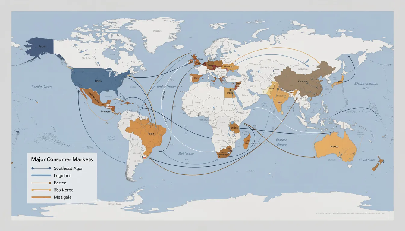 The image depicts a world map illustrating the trade route connections between major manufacturing and consumer regions, highlighting the complexities of global supply chains. It emphasizes how trade agreements, tariffs, and supply chain challenges shape the global trade landscape.
