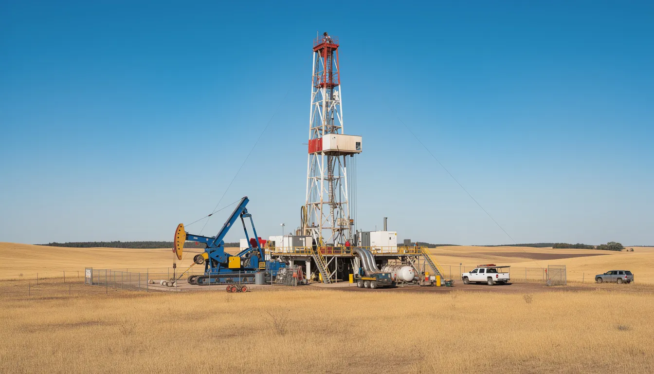 A drilling rig is actively operating in a vast open prairie landscape under a clear blue sky, symbolizing the upstream supply chain activities involved in raw material sourcing. This scene reflects the importance of upstream operations in ensuring a reliable supply of resources within the entire supply chain.