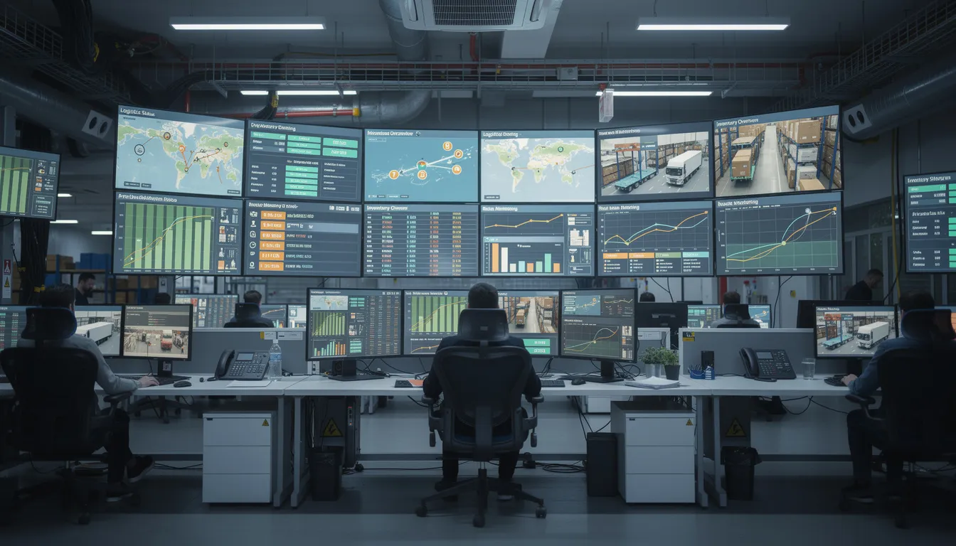 The image depicts an industrial control room filled with multiple monitoring screens displaying logistics data related to supply chain operations. This environment emphasizes the critical role of both upstream and downstream supply chain management in ensuring timely product delivery and optimizing inventory levels for enhanced operational efficiency.