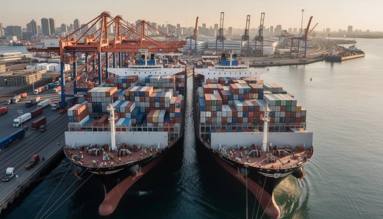 The image depicts several large container ships docked at a bustling international port, where towering cranes are actively loading cargo. This scene highlights the critical role of global supply chains in facilitating international trade and the complexities involved in managing supply chain challenges amidst evolving trade policies and tariffs.