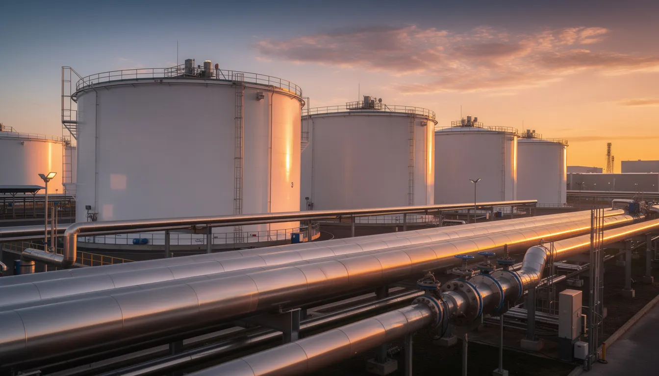 The image depicts industrial storage tanks and an extensive pipeline infrastructure silhouetted against a vibrant sunset. This scene reflects key components of the downstream supply chain, emphasizing the importance of effective supply chain management and logistics in ensuring timely product delivery and customer satisfaction.