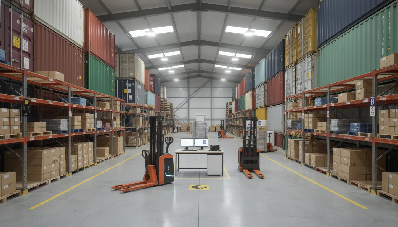 The image depicts the interior of a large warehouse filled with stacked shipping containers and advanced inventory management systems, illustrating the complexities of modern supply chains and the impact of tariffs on global trade. This setting highlights the importance of efficient logistics in managing supply chain challenges and mitigating tariff-related costs in a dynamic global economy.