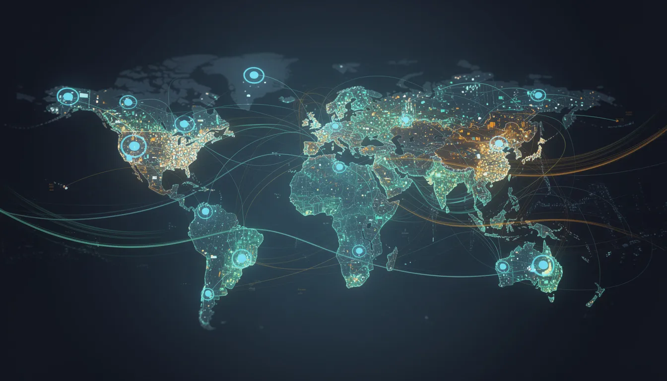 The image depicts an abstract visualization of interconnected network nodes, symbolizing global supply chains and the intricate relationships among suppliers. This representation highlights the complexities of trade agreements and the potential impacts of tariffs on the global trade landscape.