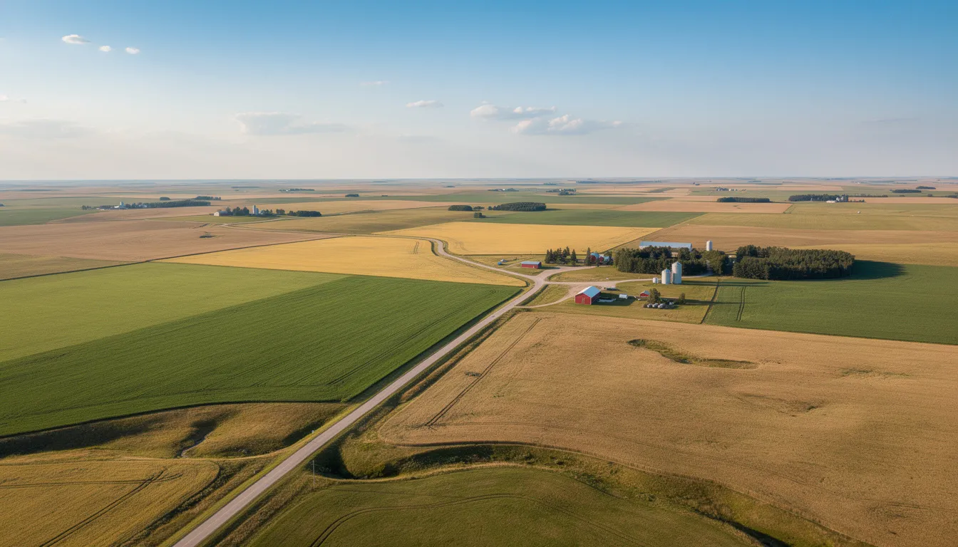 This aerial view captures the expansive Canadian prairie landscape, showcasing winding roads and distinct agricultural patterns that reflect the upstream and downstream supply chain activities involved in farming. The image highlights the interconnectedness of raw materials and production processes essential for effective supply chain management.