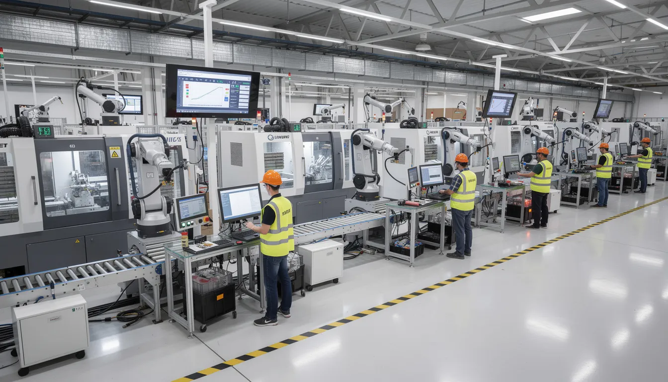 The image depicts a modern manufacturing facility featuring automated production lines with workers actively engaged in their tasks. This setting highlights the importance of supply chain resilience and the role of advanced technology in navigating challenges within global supply chains.