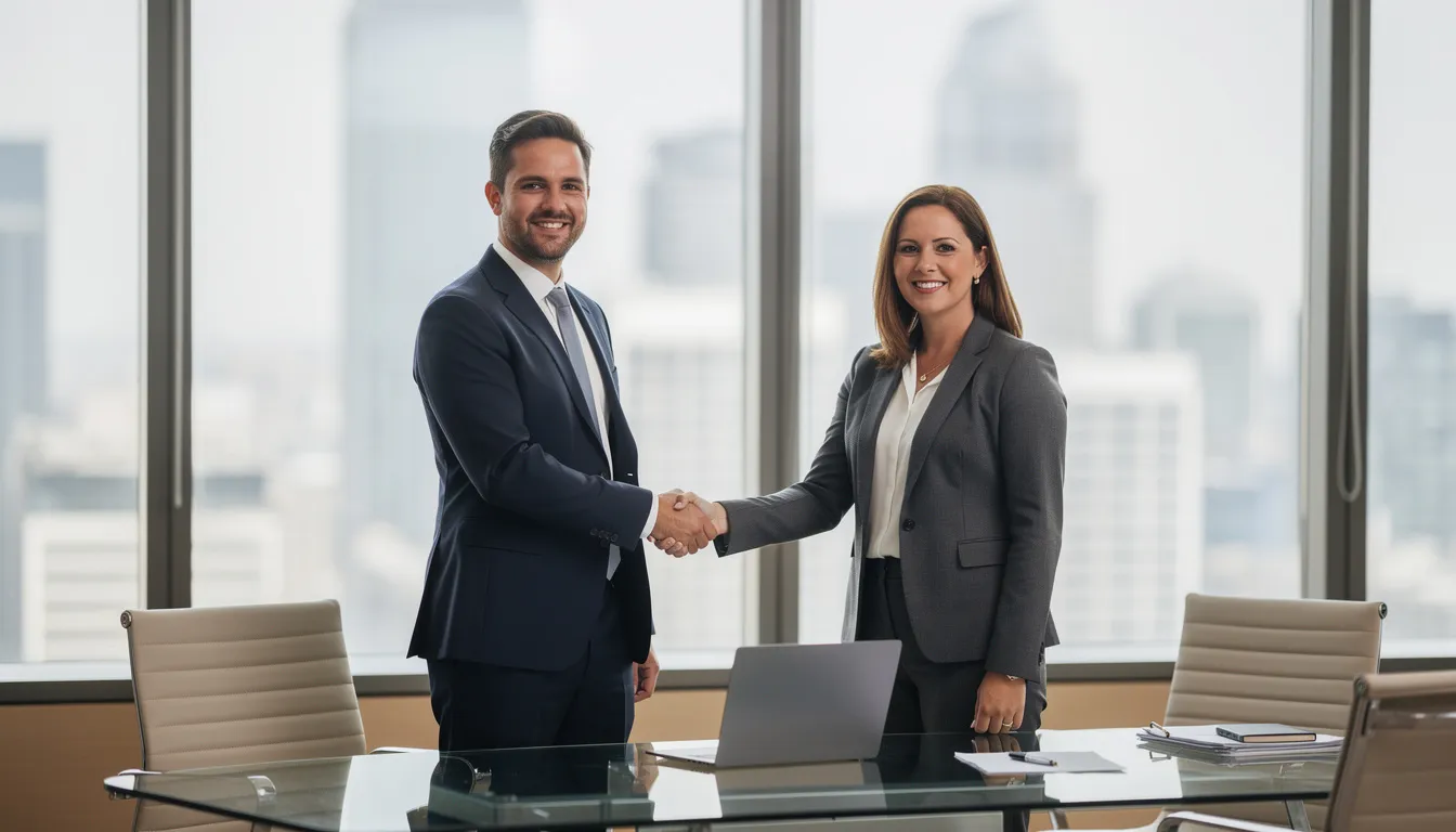In an office setting, two business professionals are shaking hands, symbolizing a successful partnership that may involve discussions around sustainable practices and supplier sustainability evaluation. This gesture represents the importance of building strong supplier relationships to achieve sustainability goals and enhance supply chain transparency.