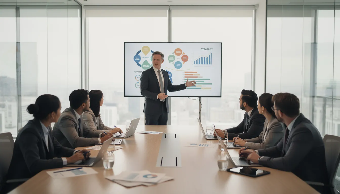 A group of professionals is engaged in a business meeting, discussing strategies around a conference table, focusing on sustainable supply chain management and initiatives to enhance supply chain sustainability. The atmosphere is collaborative, with participants sharing ideas on improving operational efficiency and reducing greenhouse gas emissions.