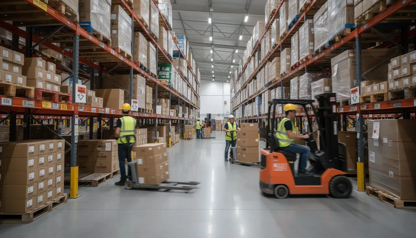 In a busy distribution center, warehouse workers are actively moving inventory, demonstrating efficient procurement practices. The scene showcases the importance of ethical procurement and social responsibility within the supply chain as they manage the flow of goods.