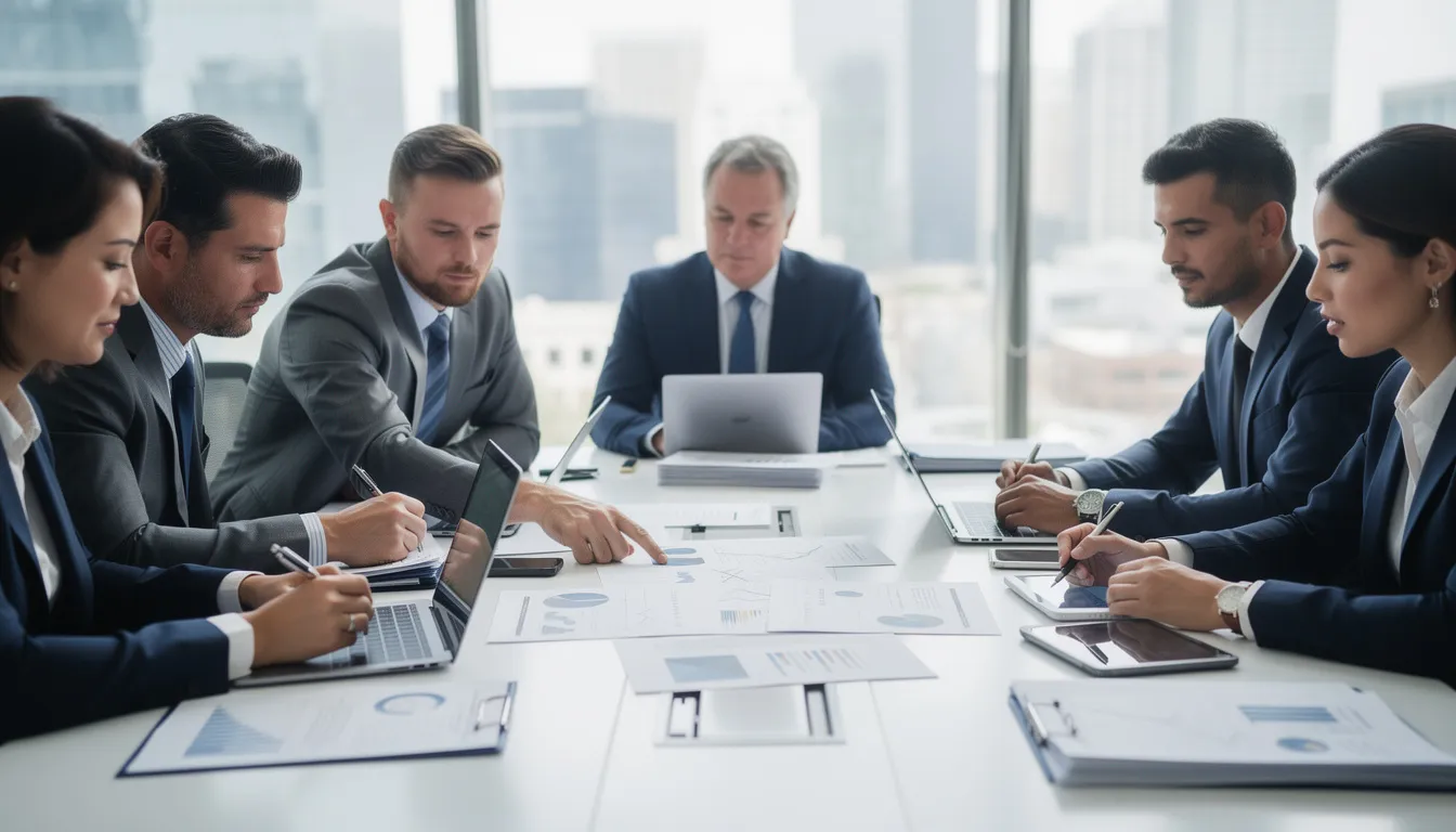 A group of business professionals are gathered around a meeting table, collaborating on documents and discussing strategies for improving supplier relationships and evaluating sustainability criteria. Their focus is on adopting sustainable practices within the supply chain to enhance performance and drive positive environmental impact.