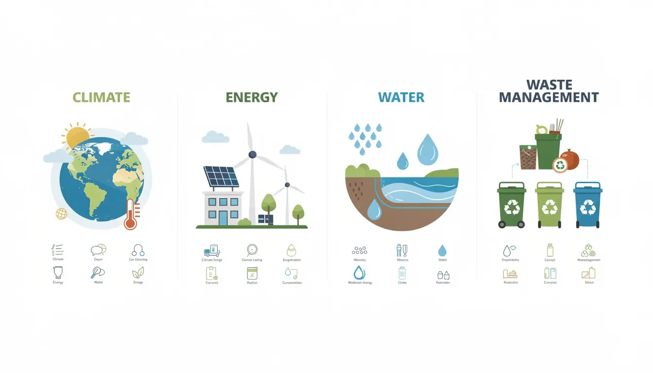 The image illustrates the key components of the environmental section in ESG reporting, highlighting aspects such as climate, energy, water, and waste management. It emphasizes the importance of data collection and risk management in assessing ESG risks and ensuring accurate reporting for sustainability practices.