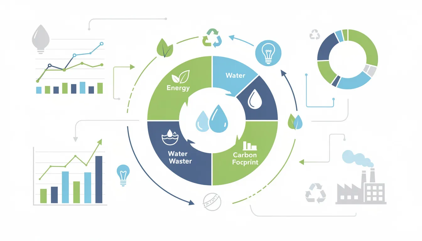 The image depicts a colorful graphic representation of a sustainability audit, showcasing various elements such as energy consumption, waste management, and sustainable practices, symbolizing the interconnectedness of environmental performance and business operations. Visual icons illustrate key concepts like renewable energy and waste reduction initiatives, emphasizing the importance of regular sustainability audits in achieving sustainability goals.