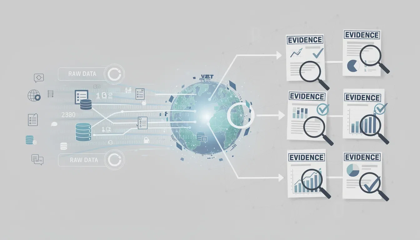 The image illustrates the interconnectedness of various ESG data points, showcasing how evidence-based data collection informs risk management and sustainability practices. It highlights the importance of accurate ESG reporting and assessments in mitigating ESG-related risks and meeting stakeholder expectations.