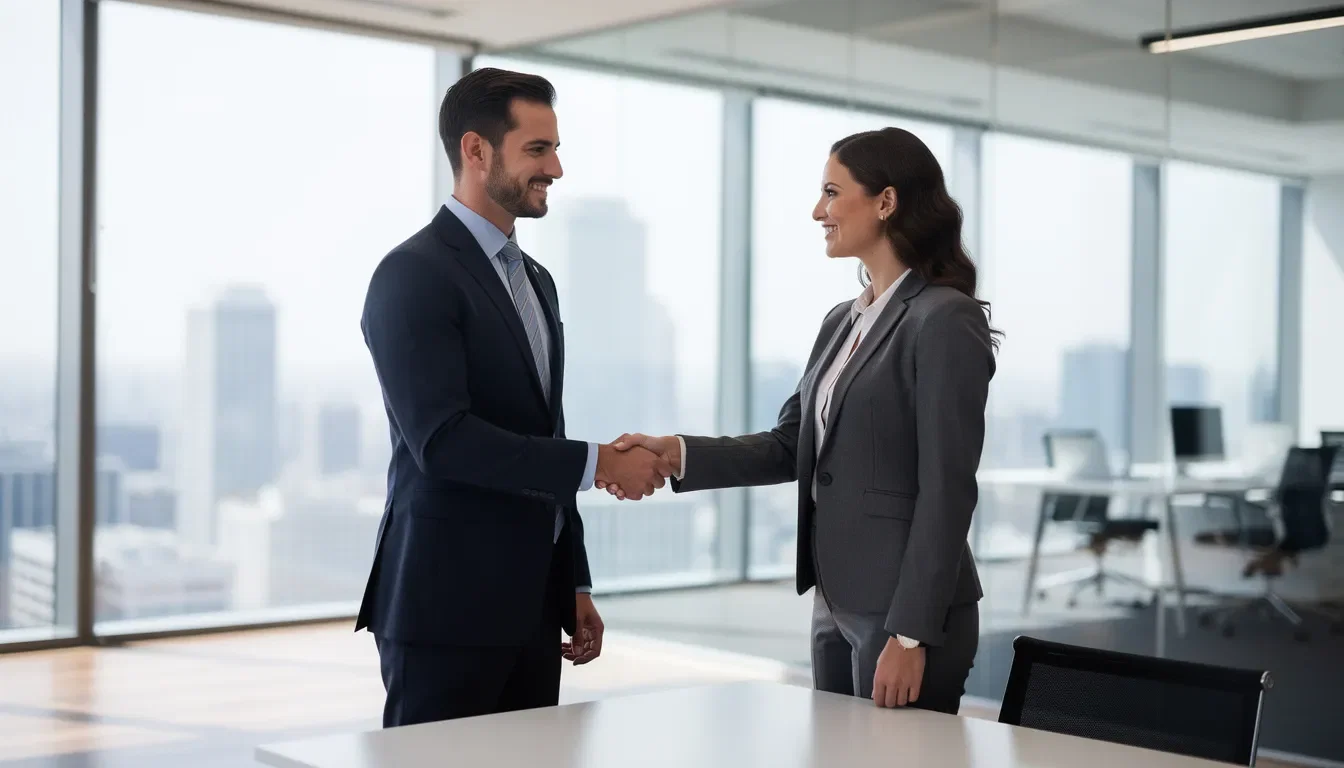 In an office setting, two business professionals are shaking hands, symbolizing a successful agreement or partnership. This moment reflects the importance of ethical procurement practices and the establishment of trust in business relationships.