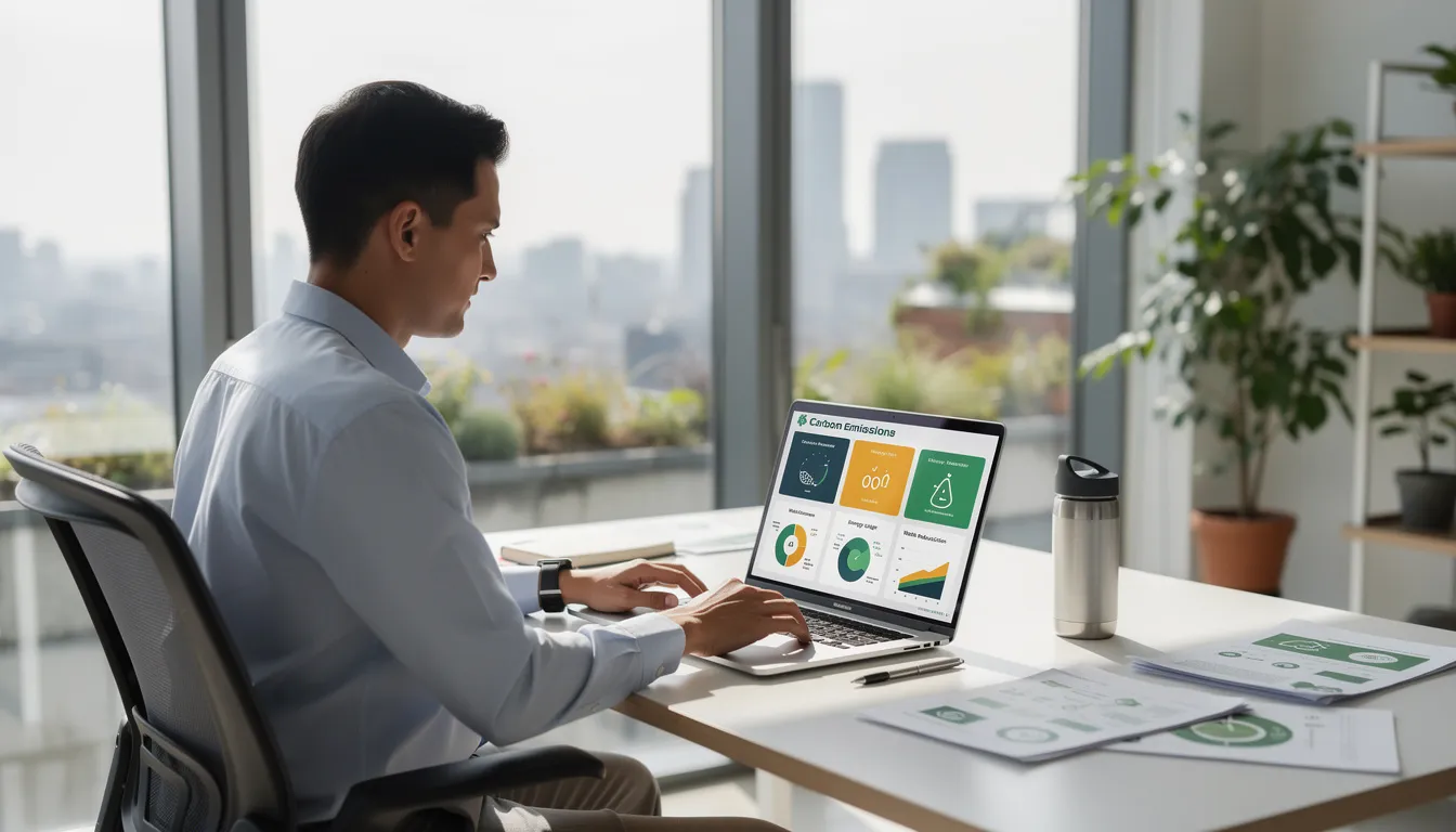 A professional is seated at an office desk, intently reviewing sustainability data displayed on a laptop screen, which likely includes metrics related to supply chain sustainability and environmental impact. The setting suggests a focus on responsible supply chain management and implementing sustainable practices to enhance operational efficiency.