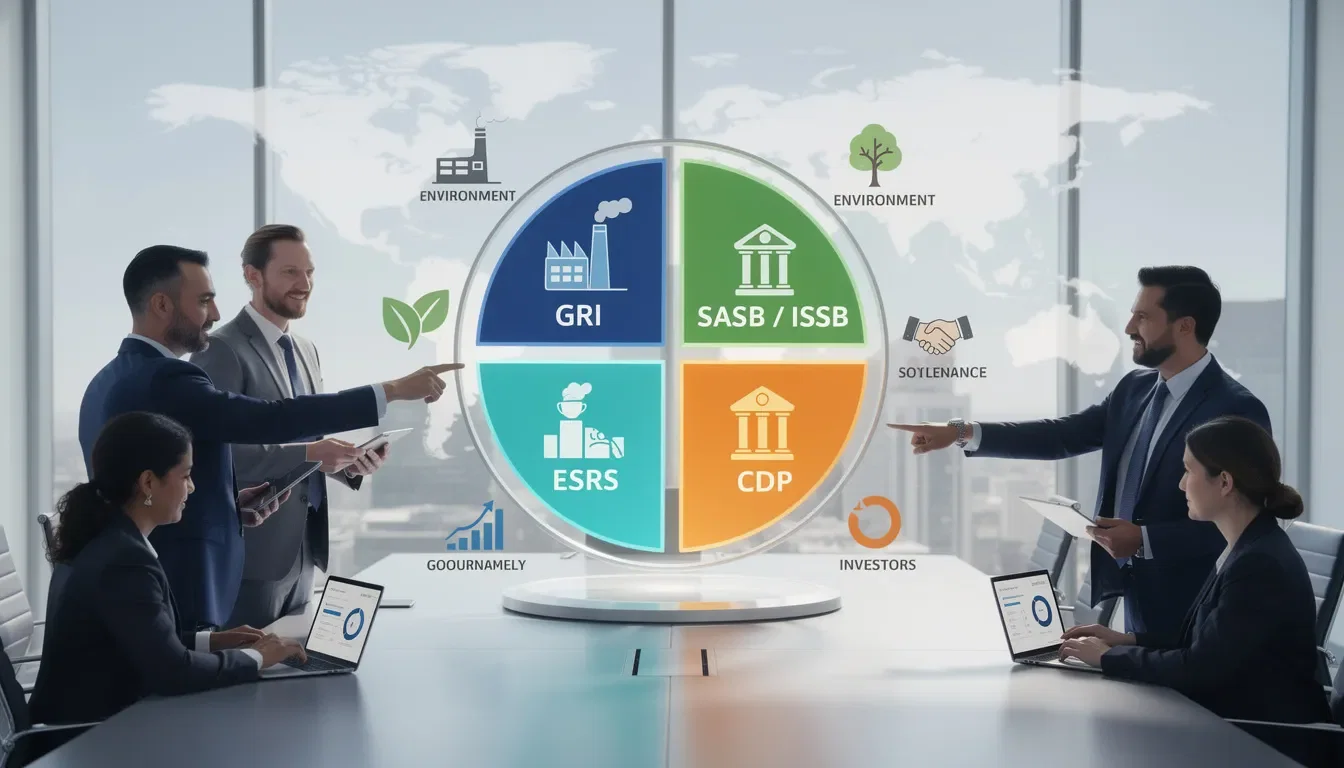 The image features various frameworks and standards related to environmental, social, and governance (ESG) practices, including GRI, SASB/ISSB, ESRS, and CDP, highlighting the importance of ESG data collection and reporting for assessing ESG risks. It emphasizes the role of ESG rating agencies in evaluating a company's governance practices and sustainability efforts, ensuring compliance with stakeholder expectations and regulatory landscapes.